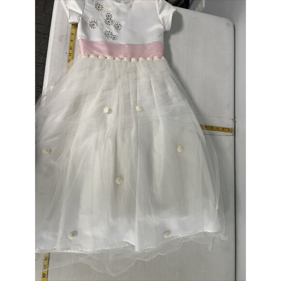 US Angels Flower Girls Dress White Silver Sparkle Pink Ribbon size 8 - Picture 6 of 7